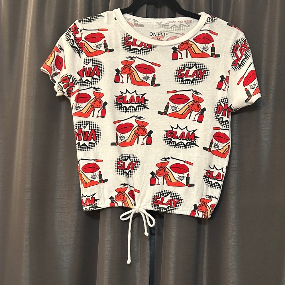 On Fire Graphic Print Top with Red Accents